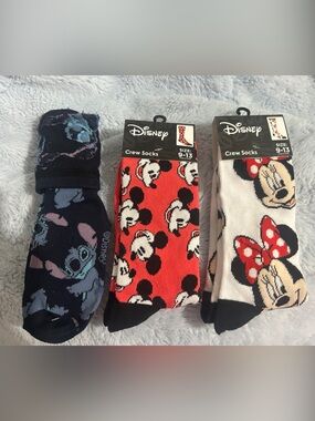 Disney Crew Socks - Red, White, Navy with Mickey, Minnie & Stitch